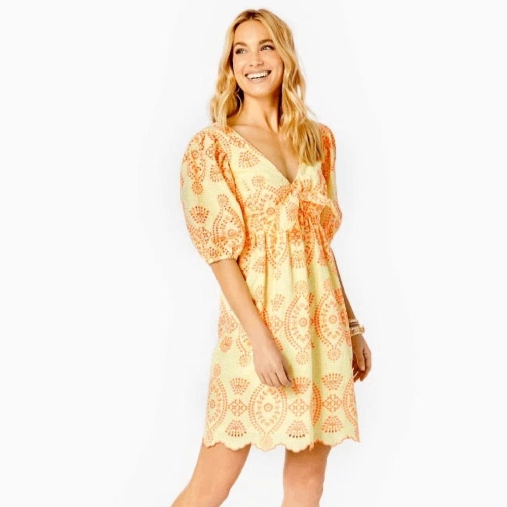 Lilly Pulitzer 2 Sarafina Eyelet Yellow and Orange Patterned Babydoll Dress